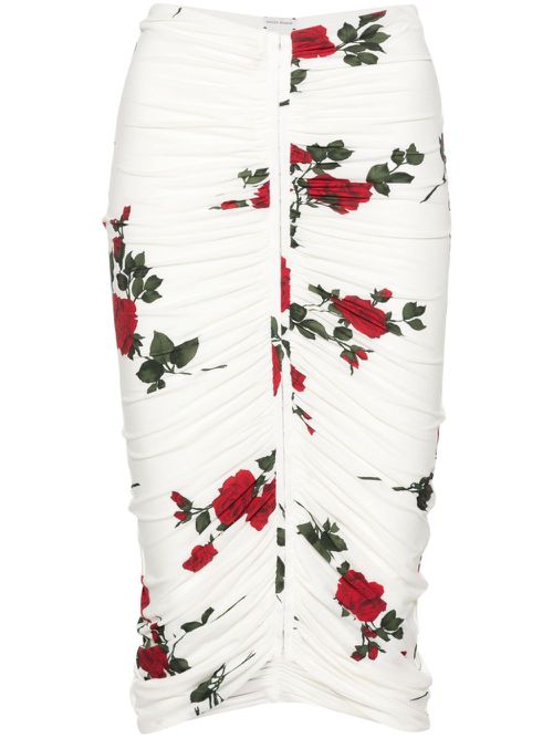 Rose-print ruched midi skirt - White