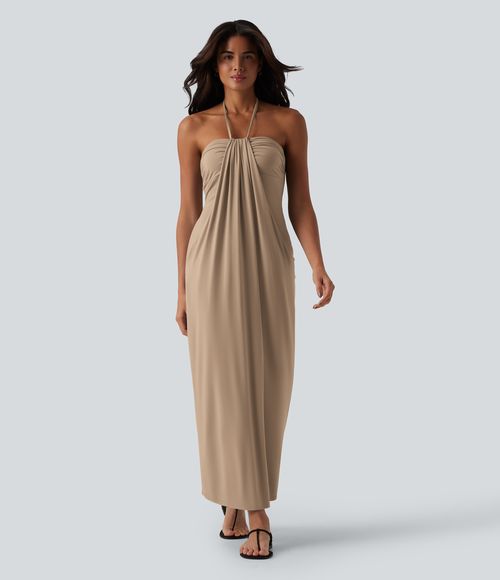 Halter Tie Back Maxi Dress with Pockets Casual Dress - Whisper White