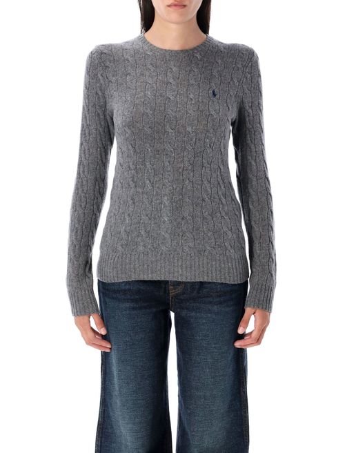 Ribbed Trim Cable Knit Sweater With Embroidered Logo, Crewneck Mini