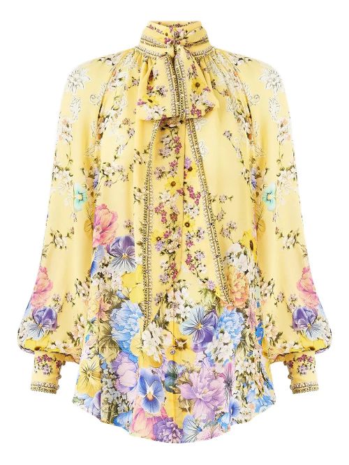 Floral Silk Pussy-Bow Blouse — Yellow