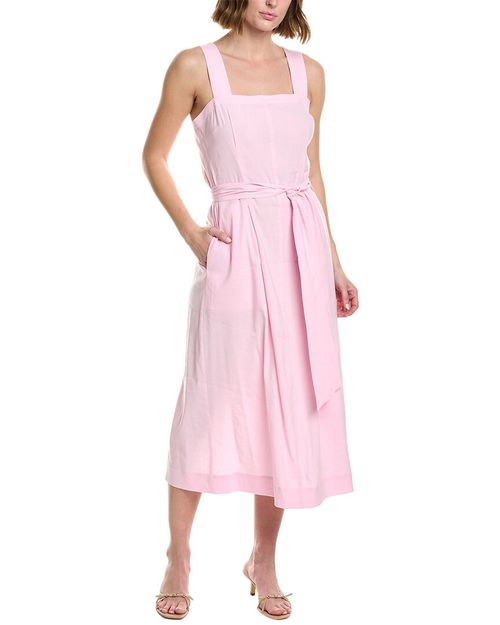 Belted Square Neck Linen-Blend Midi Dress