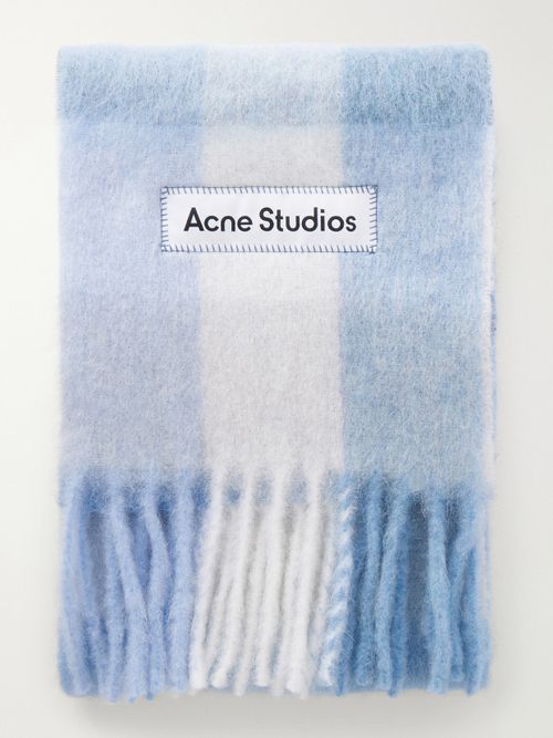 Fringed Checked Brushed-knit Scarf