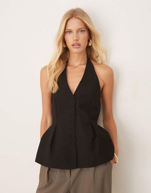 Cotton mix halter neck peplum hem button through top co-ord in black
