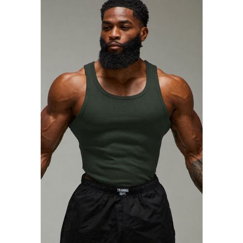 BoohooMAN Mens Man Active Gym Muscle Fit Ribbed Vest - Green Cotton - X-Sma