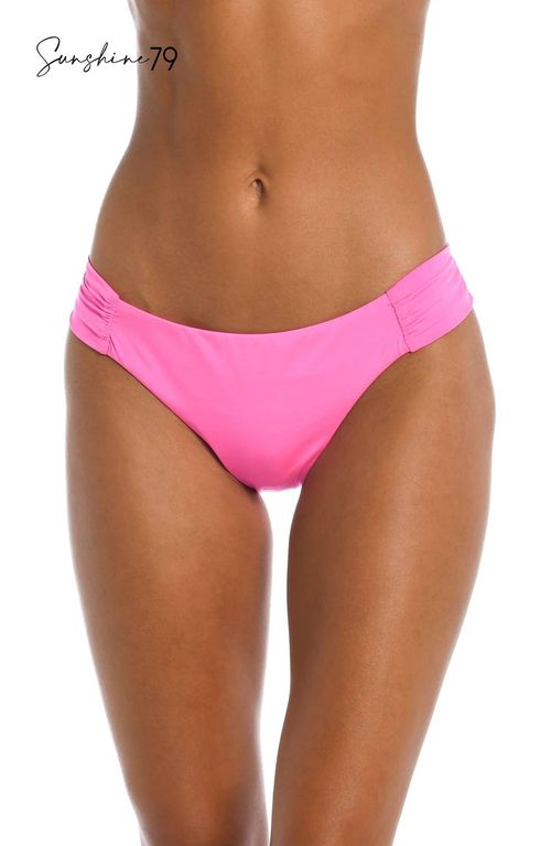 Side Shirred Hipster Swim Bikini Bottom In Hot Pink