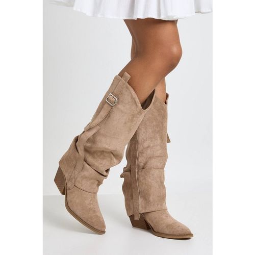 Boohoo Women's Faux Suede Fold Over Western Boots in Taupe