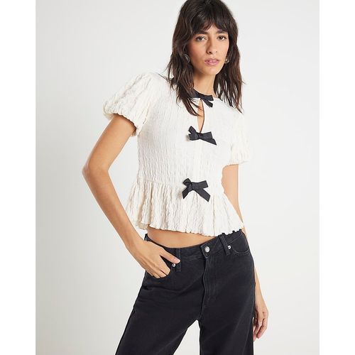 River Island Womens Top Cream Short Sleeve Textured Bow - X-Sma
