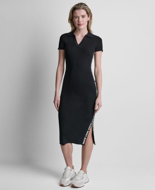 Women's Side Logo Short-Sleeve Rib Midi Dress - Black/Eggnog