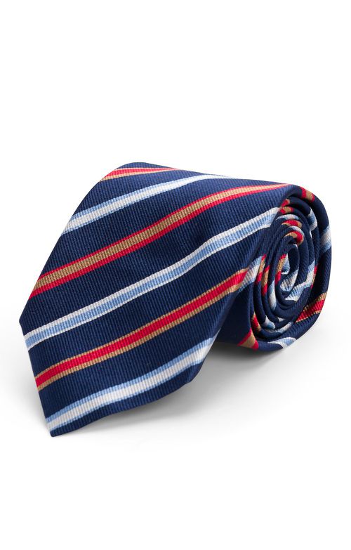 Stripe Silk Twill Neck Tie, Navy Gold/Red