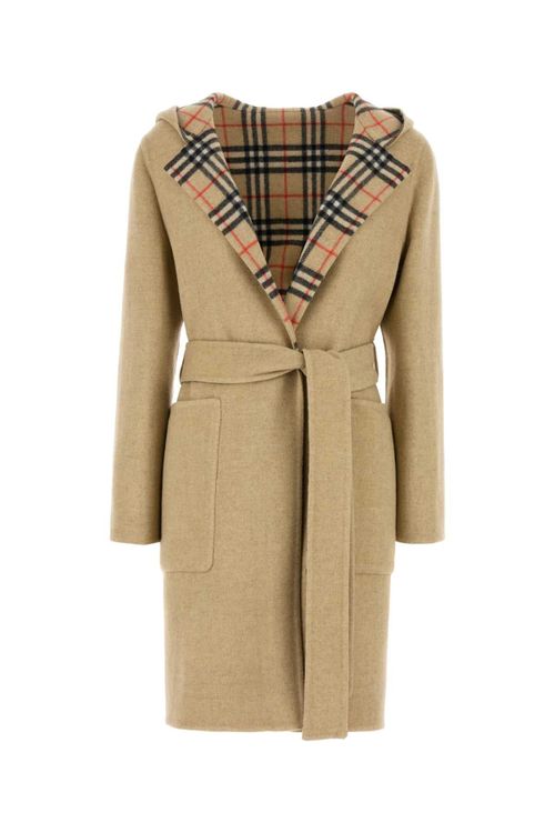 Wool Check Hooded Coat — Beige
