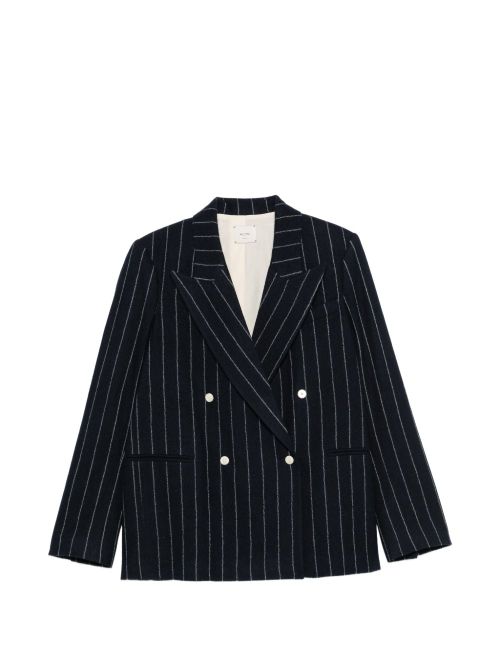 Pinstripe Wool Double-Breasted Blazer — Navy