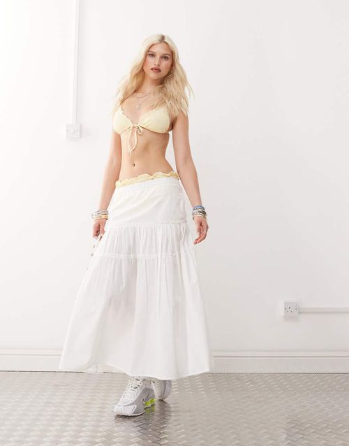 Poplin drop waist frill detail maxi skirt in white