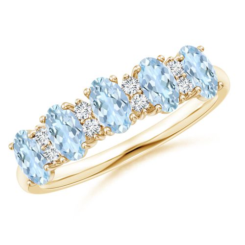 Angara 1.0 Carat Five Stone Aquamarine and Diamond Wedding Ring in 18K Yellow Gold