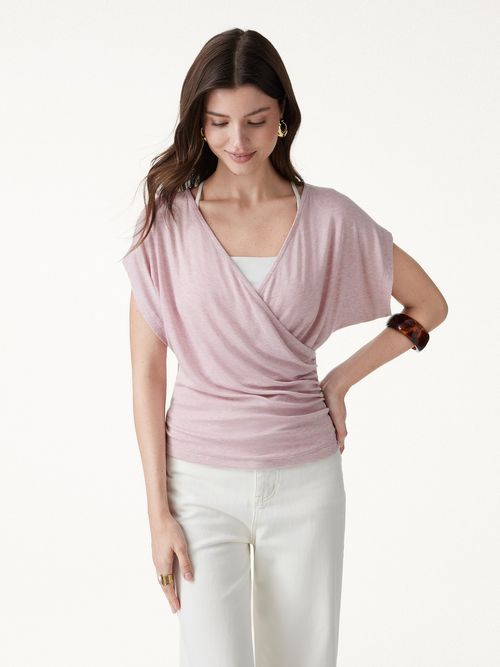 Summer Lyocell Wool Suprlice Ruched Short Sleeve Top - Heather Light Pink