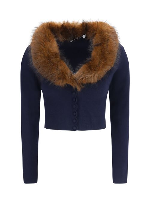Knit and Faux Fur Cardigan — Navy