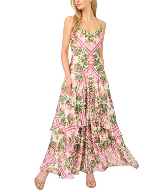 Women's Printed V-Neck Tiered Maxi Dress - Vanilla Cream