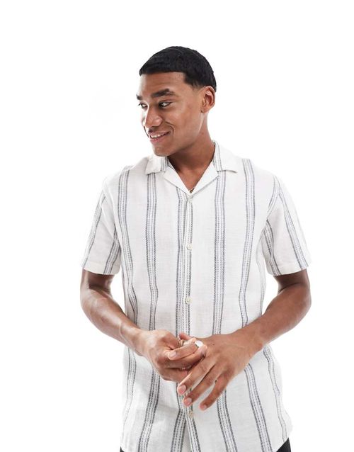 Revere collar textured short sleeve shirt in white stripe