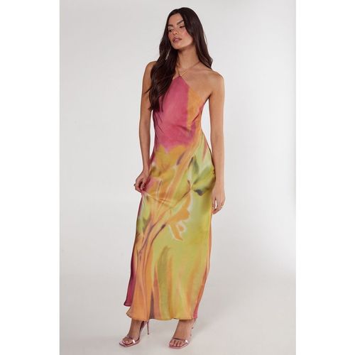 Nastygal Womens Satin Floral Ombre Halter Neck Cowl Back Maxi Dress - Lime Green