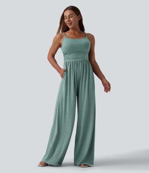 Adjustable Straps Ruched Wide Leg Heathered Casual Jumpsuit with Pockets-Easy Peezy  - Misty Pale Blue