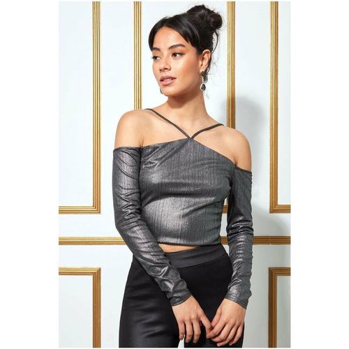 Goddiva Metallic Cut Out Crop Top - Dullsilver