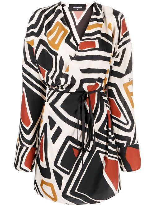 Geometric-print wrap dress - White