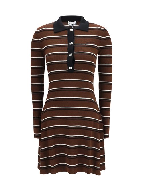 Striped Wool Polo Dress — Brown