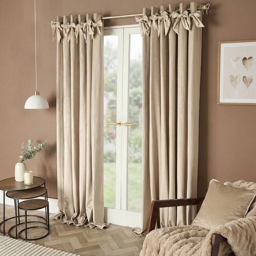 OHS Bow Velvet Eyelet Curtains , Natural - 90x90in
