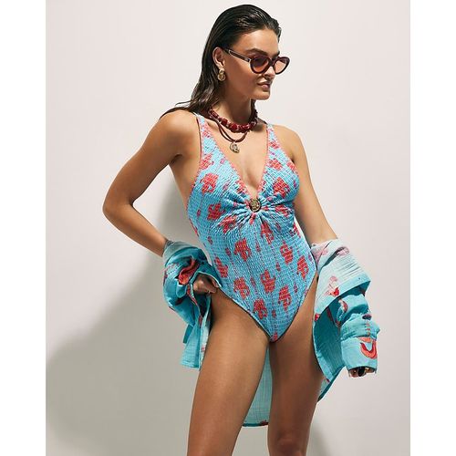 River Island Womens Swimsuit Blue Shirred Palm Print Polyamide