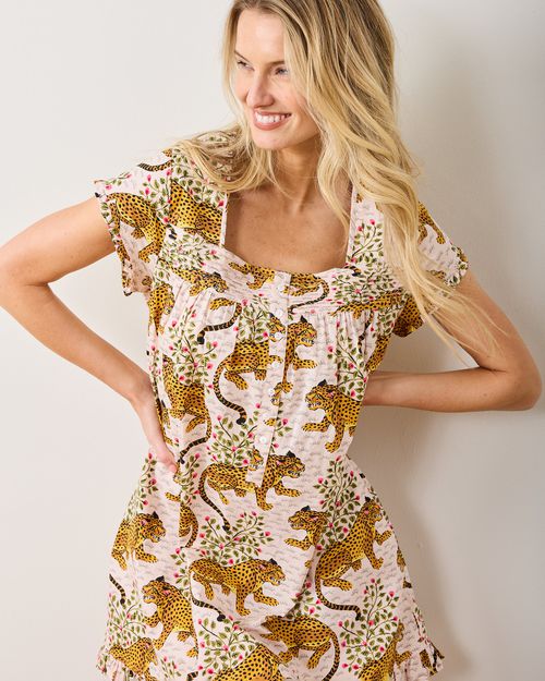 Organic Cotton Pintuck Nightgown in Leopard Bagheera | Women's XXS | Pink | Sleepwear