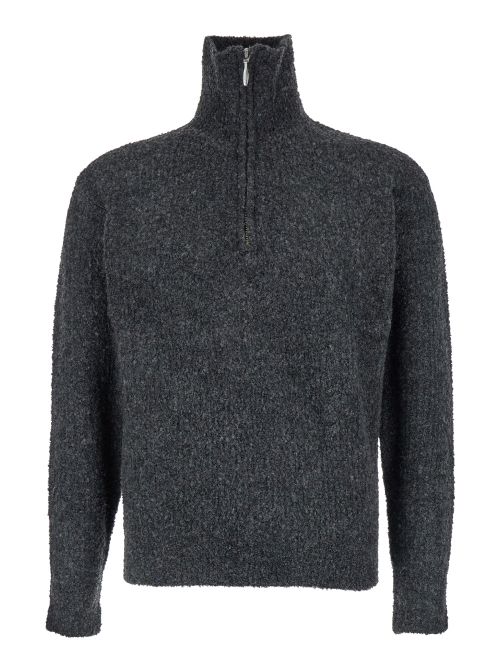 Half-Zip High-Neck Wool Blend Sweater — Gray