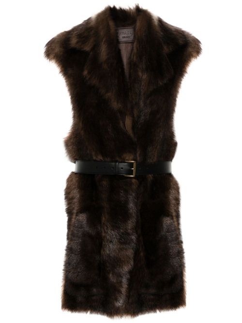 Brown Fur Sleeveless Trench Coat