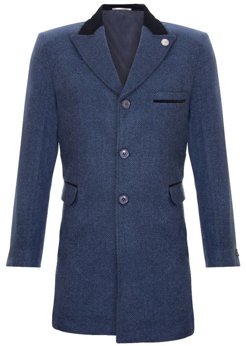 Mens 3/4 Long Navy Crombie Overcoat Jacket Herringbone Tweed Coat Peaky Blinder