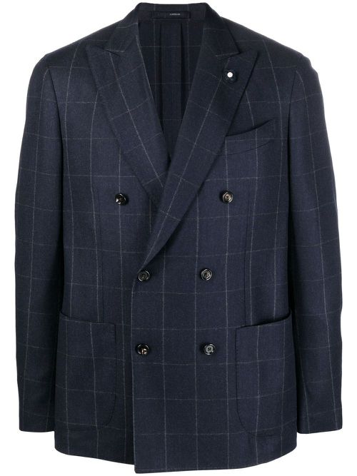 Double-breasted checked blazer - Blue