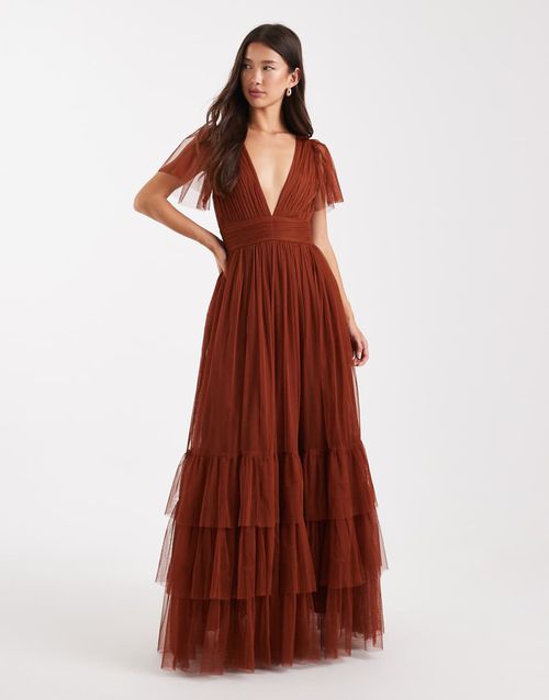 Bridesmaid Madison flutter sleeve maxi dress in rust-Brown