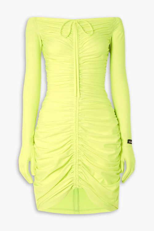 RICHARD QUINN - Off-the-shoulder ruched neon stretch-jersey mini dress - Yellow - UK 6