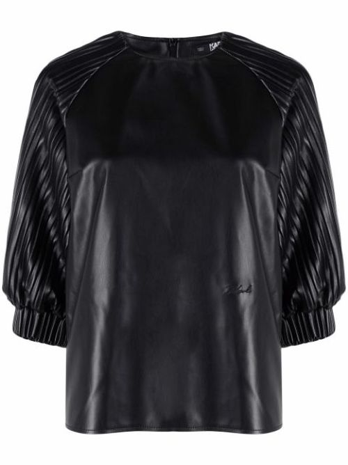 Vegan leather pleated-sleeve top