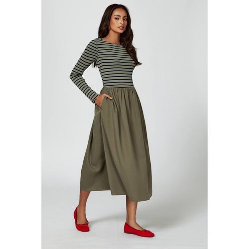 FS Collection Women's Long Sleeve Stripe Midi Dress In Olive | : Mediu