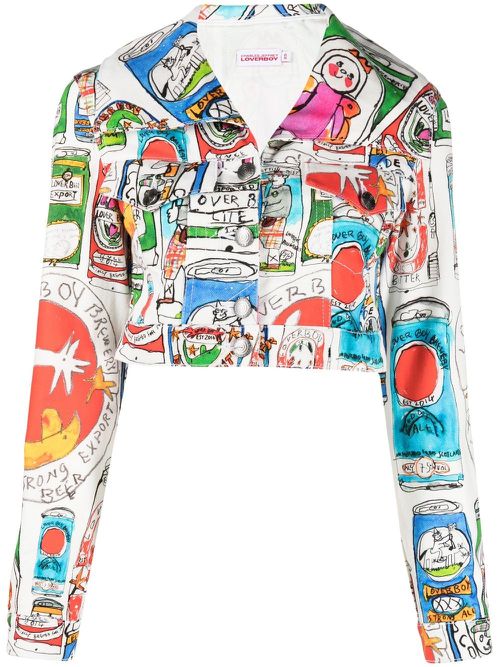Cropped graphic-print denim jacket - White