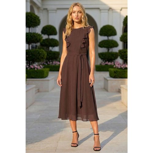 Roman Womens Chiffon Frill Front Midi Dress - Chocolate