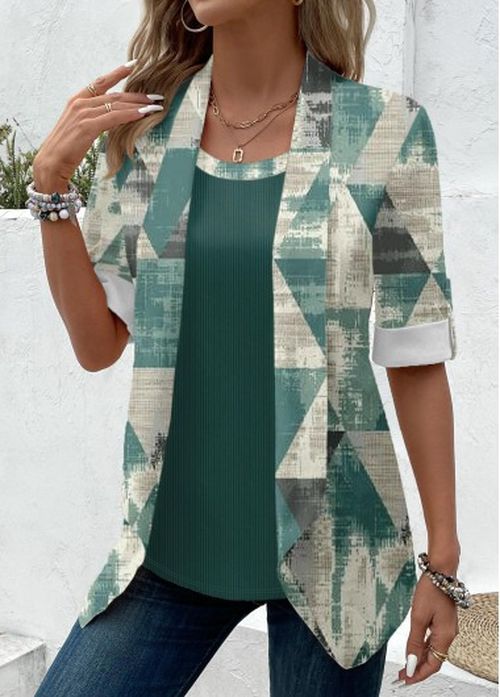 Modlily Sage Green Geometric Print Fake Two Piece Twinset