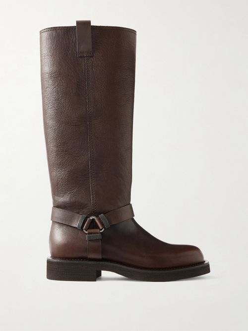Bead-embellished Leather Biker Boots - Brown
