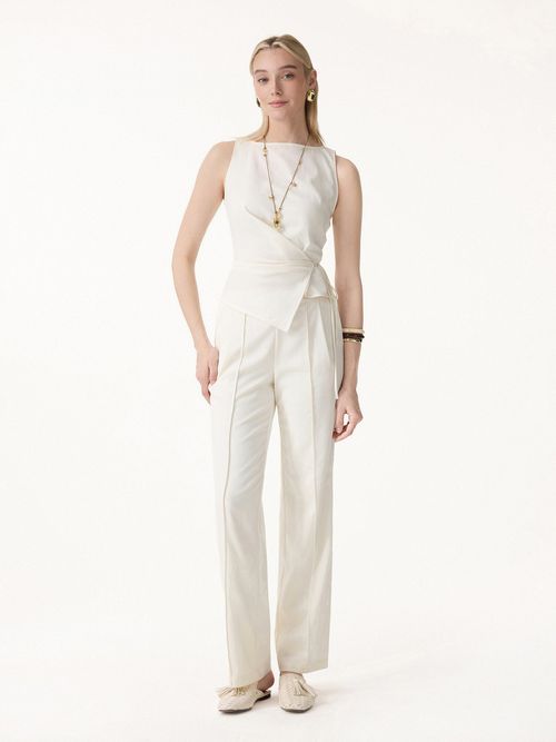 2Pcs Set Boatneck Waist-Defined Top & Pintuck Wide Leg Pants - Eggnog / XS