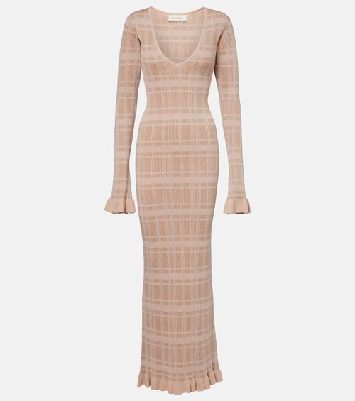 Ether checked ribbed-knit ruffled maxi dress
