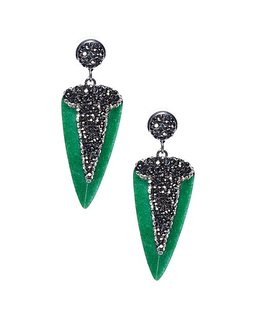 Fearless Green Dagger Shaped Stone With Pave Crystal Earrings