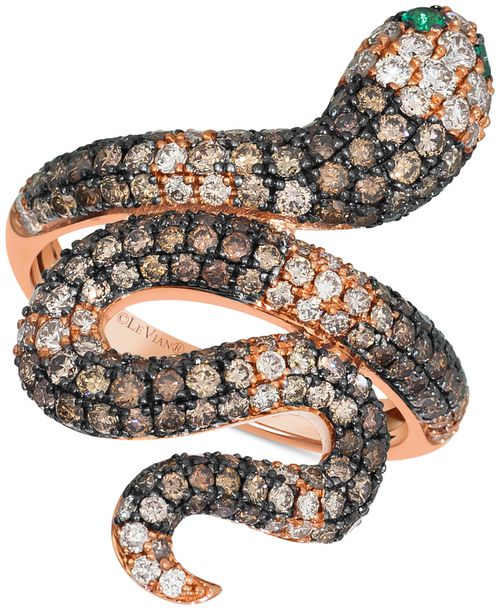 Ombre Chocolate Ombre Diamond (2 ct. t.w.) & Costa Smeralda Emeralds (1/20 ct. t.w.) Snake Ring in 14k Rose Gold - 14K Strawberry Gold Ring