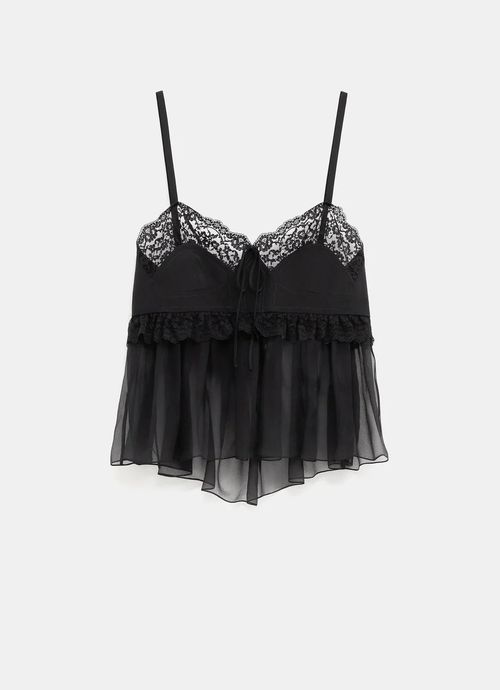 Lace-Trimmed Silk Crepe Tank Top — Black
