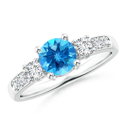 Angara 0.95 Carat Three Stone Swiss Blue Topaz and Diamond Ring in Platinum