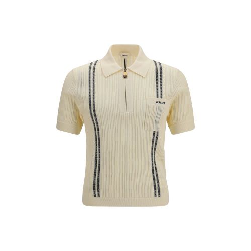 Striped Jacquard Cotton Polo Shirt — Beige