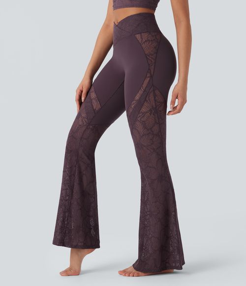 SoftlyZero™ High Waisted Crossover Pocket Contrast Lace Flare Yoga Leggings  - Dusky Evening purple