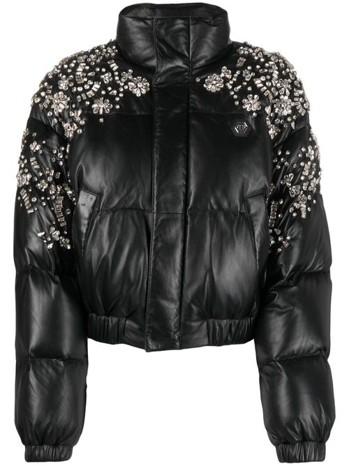 Crystal-embellished leather puffer jacket - Black
